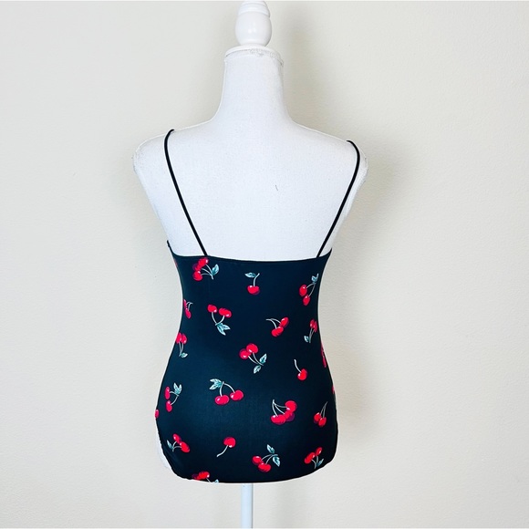 Black & Red Cherry Print Square Neck Thin Bungee Strap Tank Bodysuit - Picture 3 of 5